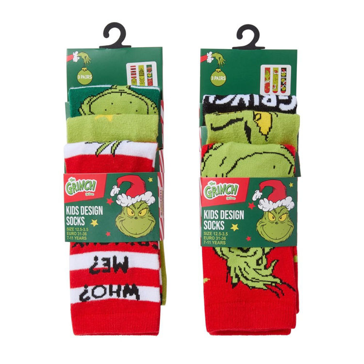 Picture of 42B858 CHILDREN 3 PACK COTTON CHRISTMAS GRINCH DESIGN SOCKS